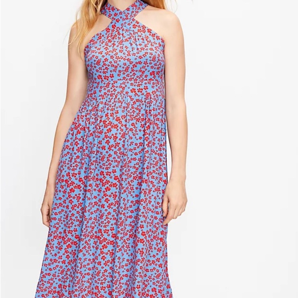 LOFT MIDI Length Halter Red/Blue Floral Dress | XS